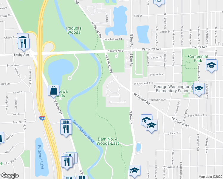 map of restaurants, bars, coffee shops, grocery stores, and more near 2500 Archbury Lane in Park Ridge