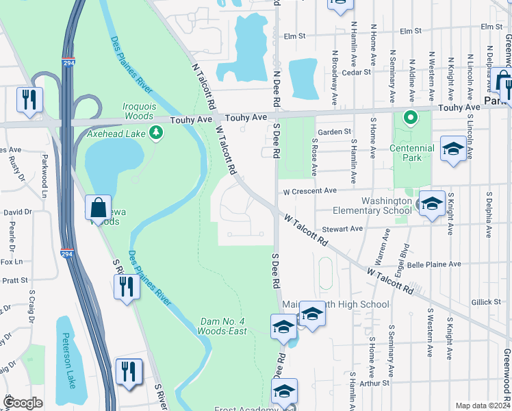 map of restaurants, bars, coffee shops, grocery stores, and more near 401 Ascot Drive in Park Ridge