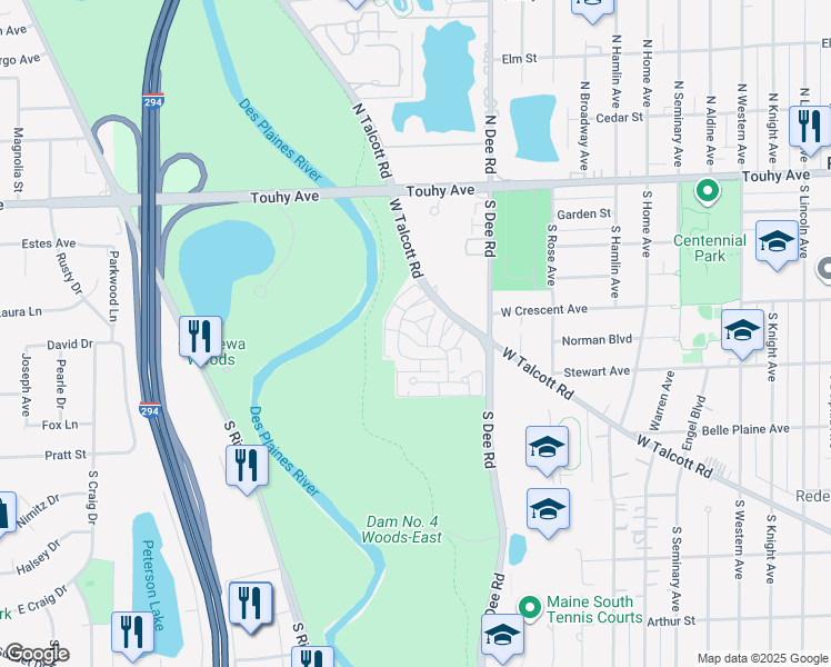 map of restaurants, bars, coffee shops, grocery stores, and more near 2500 Archbury Lane in Park Ridge