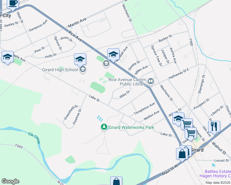 map of restaurants, bars, coffee shops, grocery stores, and more near 401 Miles Avenue in Girard