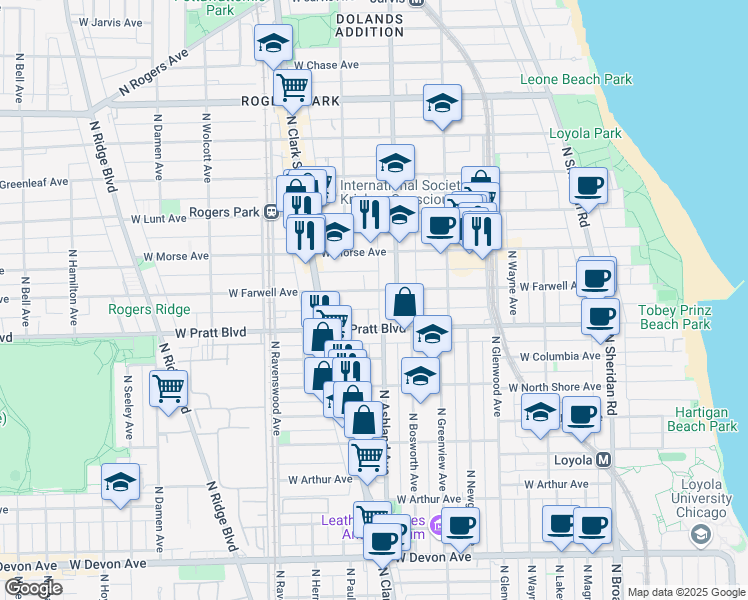 map of restaurants, bars, coffee shops, grocery stores, and more near 1623 West Farwell Avenue in Chicago