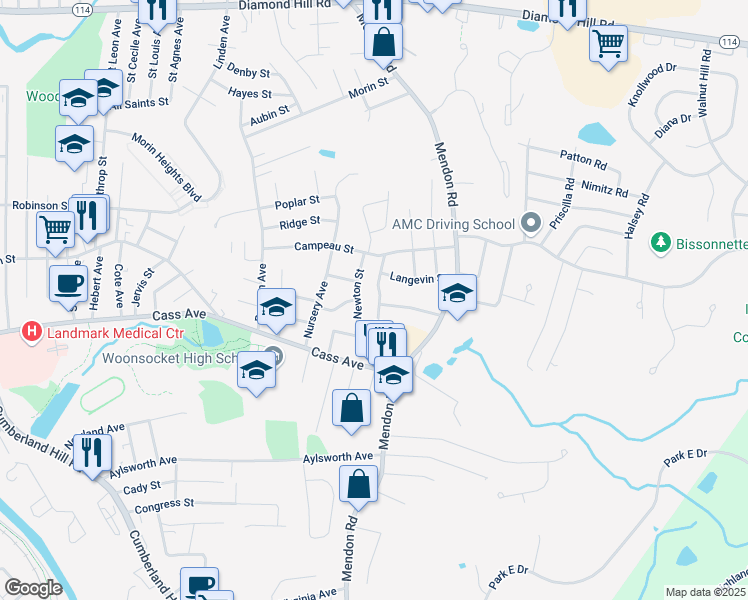 map of restaurants, bars, coffee shops, grocery stores, and more near 126 Dana Street in Woonsocket