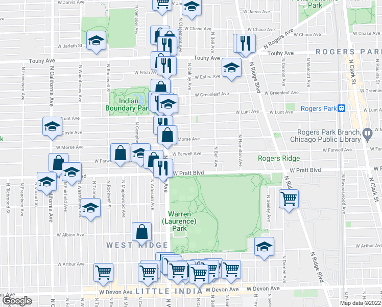 map of restaurants, bars, coffee shops, grocery stores, and more near North Oakley Avenue & West Farwell Avenue in Chicago