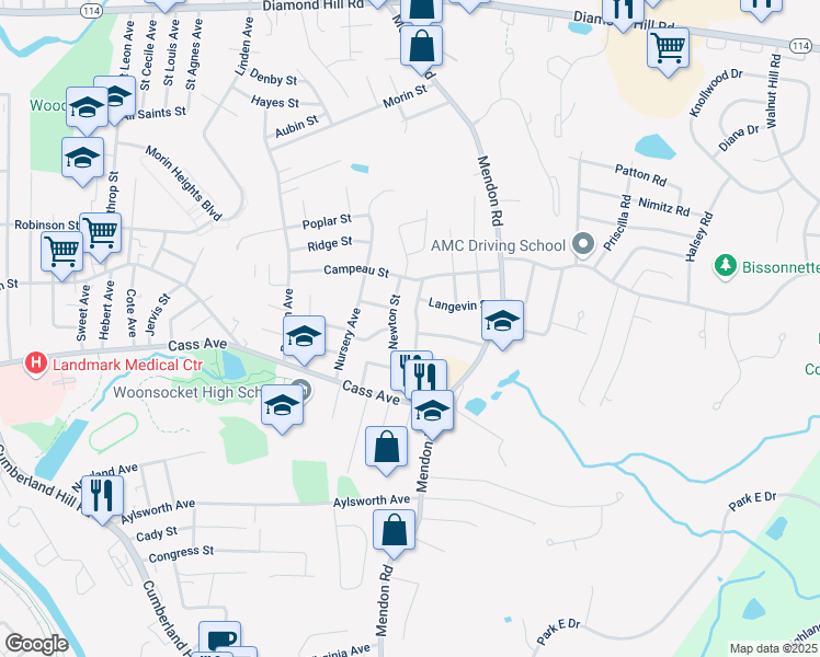 map of restaurants, bars, coffee shops, grocery stores, and more near 126 Dana Street in Woonsocket