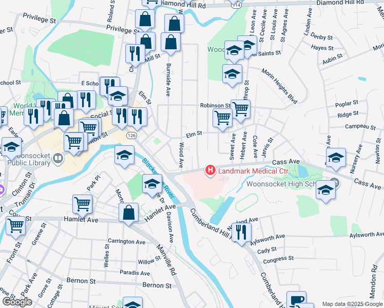 map of restaurants, bars, coffee shops, grocery stores, and more near 59 Wood Avenue in Woonsocket