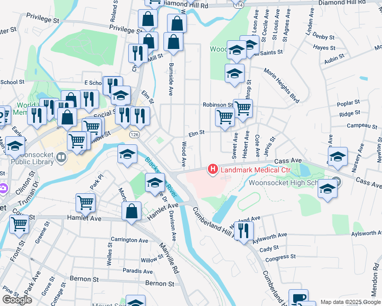 map of restaurants, bars, coffee shops, grocery stores, and more near 59 Wood Avenue in Woonsocket