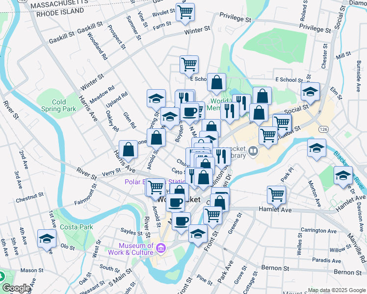 map of restaurants, bars, coffee shops, grocery stores, and more near 66 Blackstone Street in Woonsocket