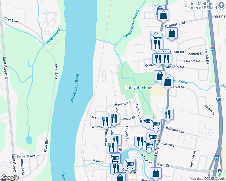 map of restaurants, bars, coffee shops, grocery stores, and more near 102 Windsor Street in Enfield