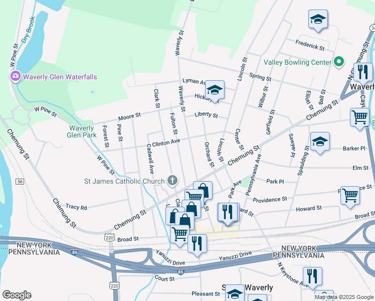 map of restaurants, bars, coffee shops, grocery stores, and more near 493 Waverly Street in Waverly