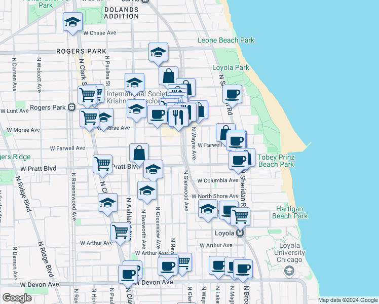 map of restaurants, bars, coffee shops, grocery stores, and more near 6805 North Glenwood Avenue in Chicago