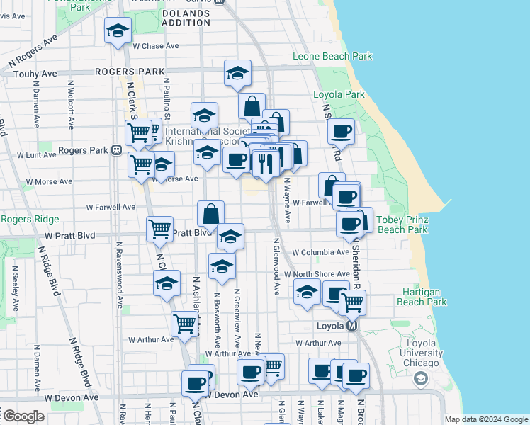 map of restaurants, bars, coffee shops, grocery stores, and more near 6805 North Glenwood Avenue in Chicago