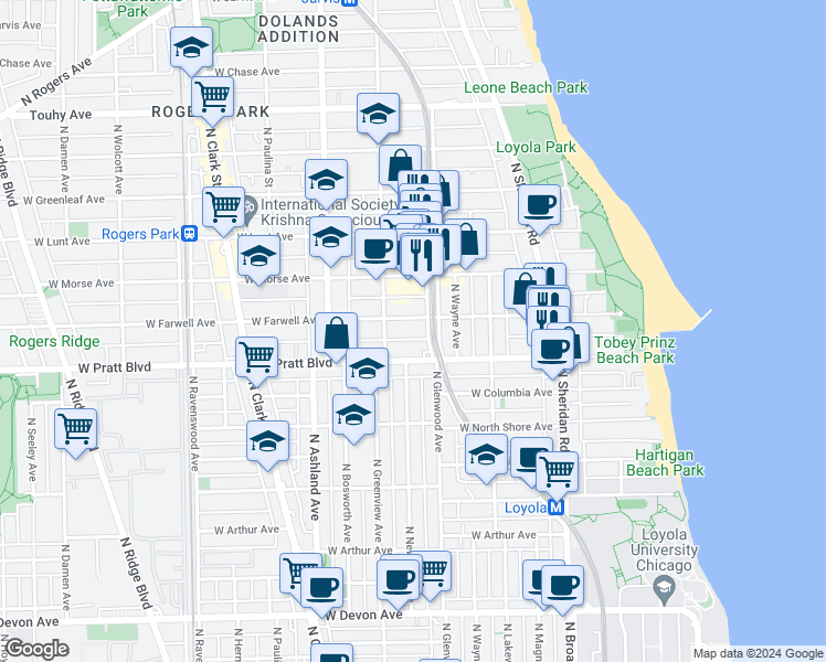 map of restaurants, bars, coffee shops, grocery stores, and more near 6805 North Glenwood Avenue in Chicago