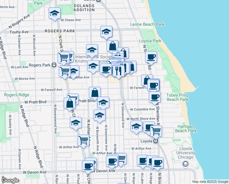 map of restaurants, bars, coffee shops, grocery stores, and more near 6811 North Greenview Avenue in Chicago