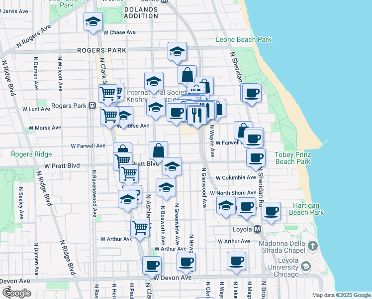 map of restaurants, bars, coffee shops, grocery stores, and more near 6811 North Greenview Avenue in Chicago