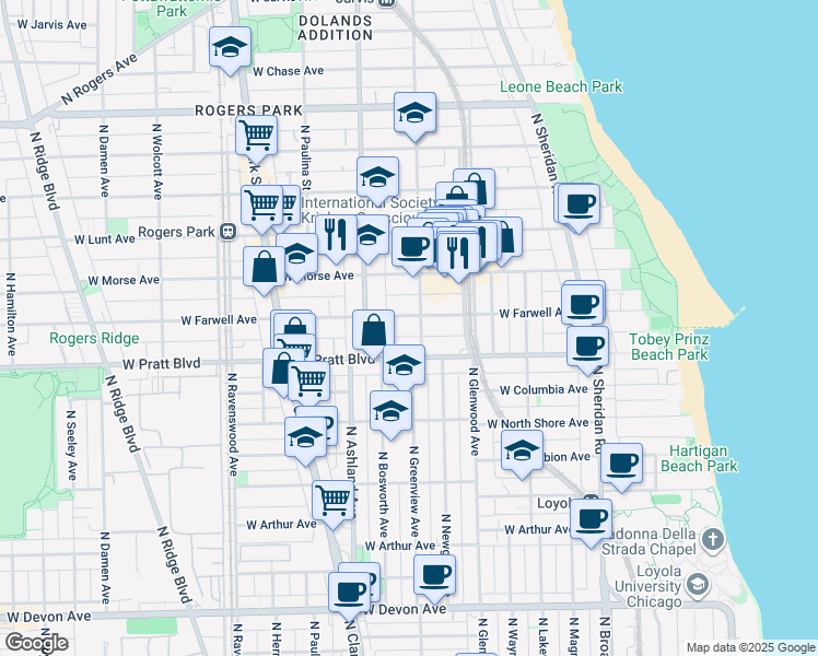 map of restaurants, bars, coffee shops, grocery stores, and more near 1524 West Pratt Boulevard in Chicago