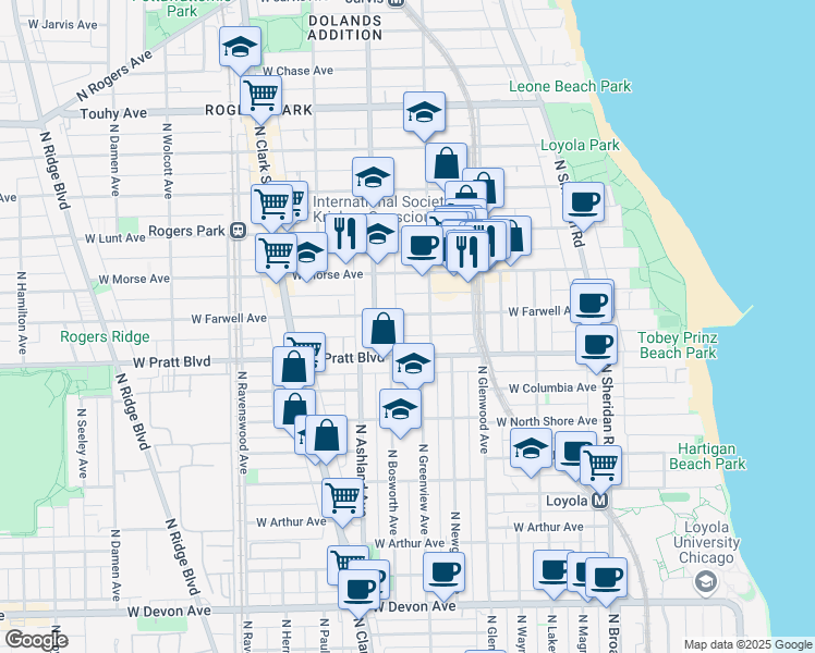 map of restaurants, bars, coffee shops, grocery stores, and more near 1524 West Pratt Boulevard in Chicago
