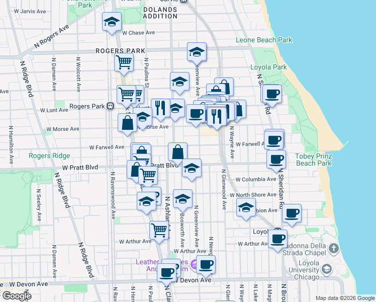 map of restaurants, bars, coffee shops, grocery stores, and more near 1524 West Pratt Boulevard in Chicago