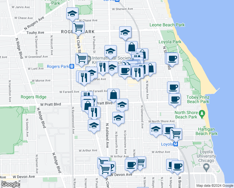 map of restaurants, bars, coffee shops, grocery stores, and more near 1524 West Pratt Boulevard in Chicago