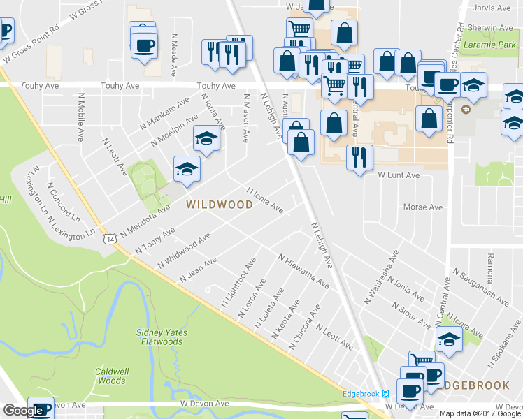 map of restaurants, bars, coffee shops, grocery stores, and more near 6877 North Wildwood Avenue in Chicago