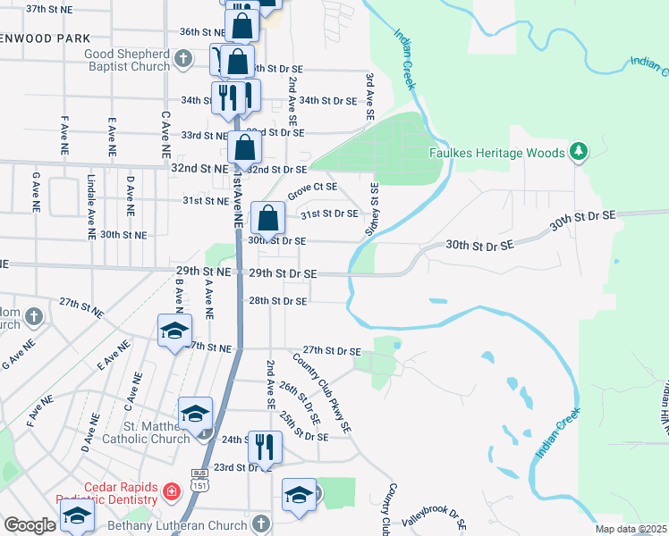 map of restaurants, bars, coffee shops, grocery stores, and more near 331 29th Street Drive Southeast in Cedar Rapids