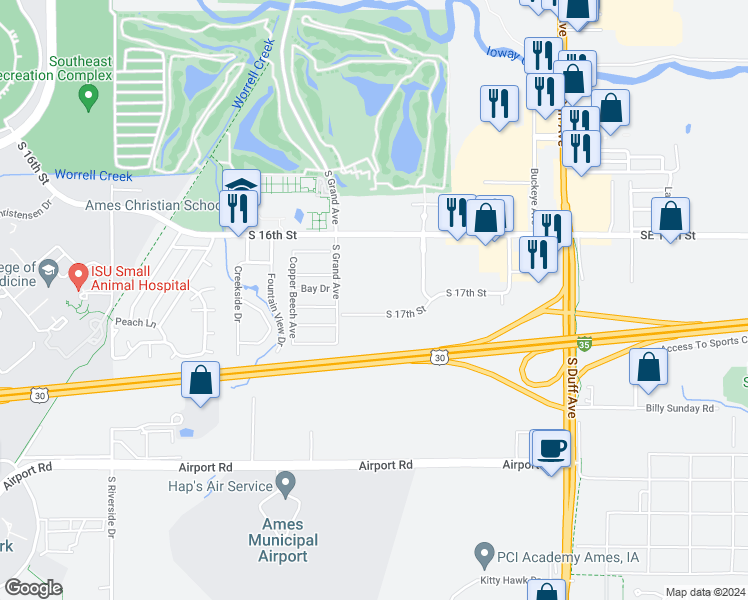 map of restaurants, bars, coffee shops, grocery stores, and more near 535 South 17th Street in Ames