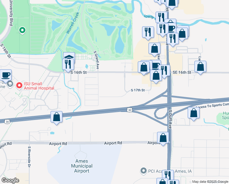 map of restaurants, bars, coffee shops, grocery stores, and more near 535 South 17th Street in Ames
