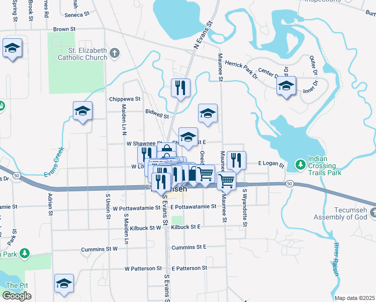 map of restaurants, bars, coffee shops, grocery stores, and more near 212 North Ottawa Street in Tecumseh