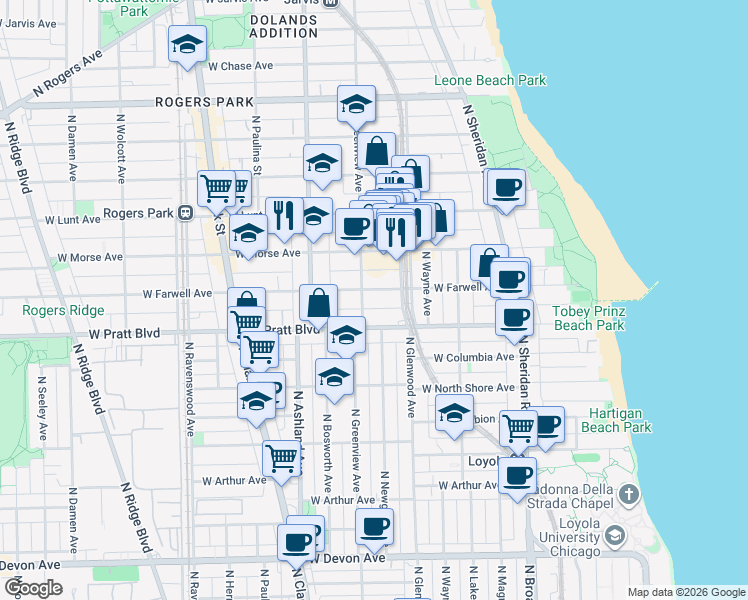 map of restaurants, bars, coffee shops, grocery stores, and more near 6811 North Greenview Avenue in Chicago