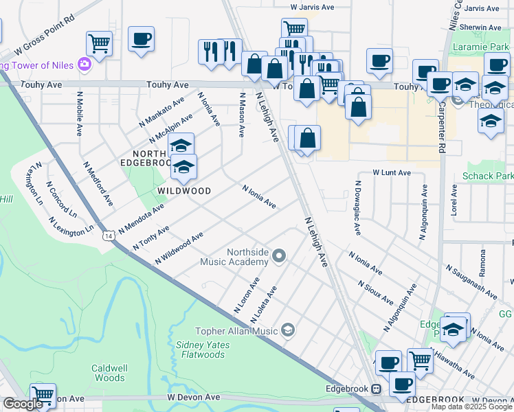 map of restaurants, bars, coffee shops, grocery stores, and more near 6877 North Wildwood Avenue in Chicago