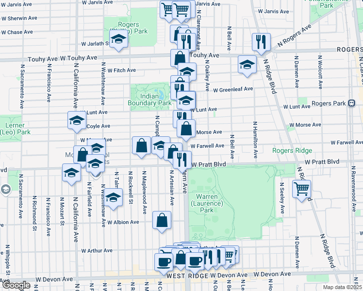 map of restaurants, bars, coffee shops, grocery stores, and more near 6834 North Western Avenue in Chicago
