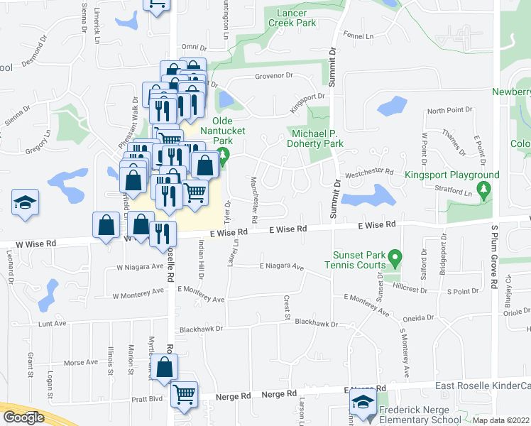 map of restaurants, bars, coffee shops, grocery stores, and more near 220 Nantucket Harbor in Schaumburg