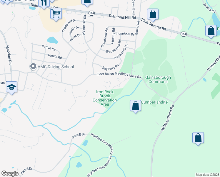 map of restaurants, bars, coffee shops, grocery stores, and more near 1304 Brook Haven Lane in Woonsocket