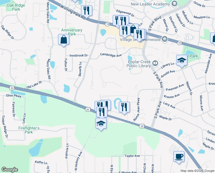 map of restaurants, bars, coffee shops, grocery stores, and more near 3013 Jamestown Court in Streamwood