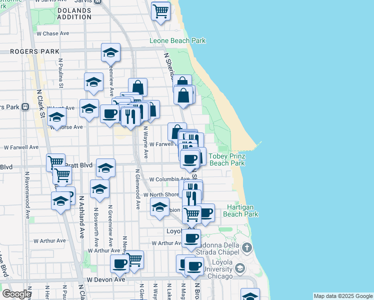 map of restaurants, bars, coffee shops, grocery stores, and more near 6814 North Sheridan Road in Chicago