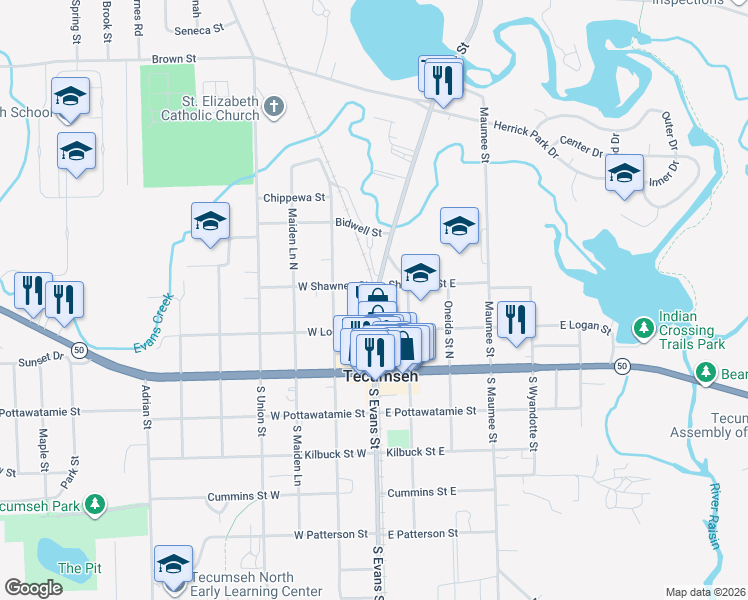 map of restaurants, bars, coffee shops, grocery stores, and more near 213 North Evans Street in Tecumseh