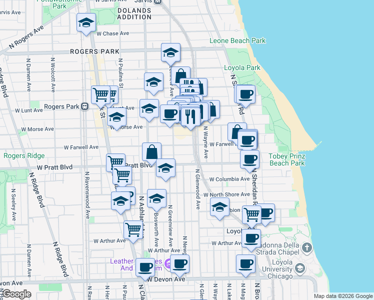 map of restaurants, bars, coffee shops, grocery stores, and more near 1421 West Farwell Avenue in Chicago