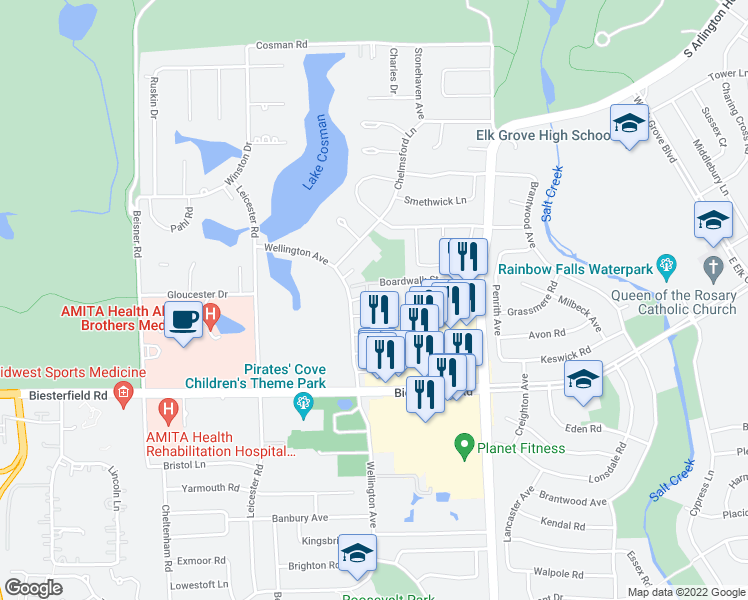 map of restaurants, bars, coffee shops, grocery stores, and more near 122 Boardwalk Street in Elk Grove Village