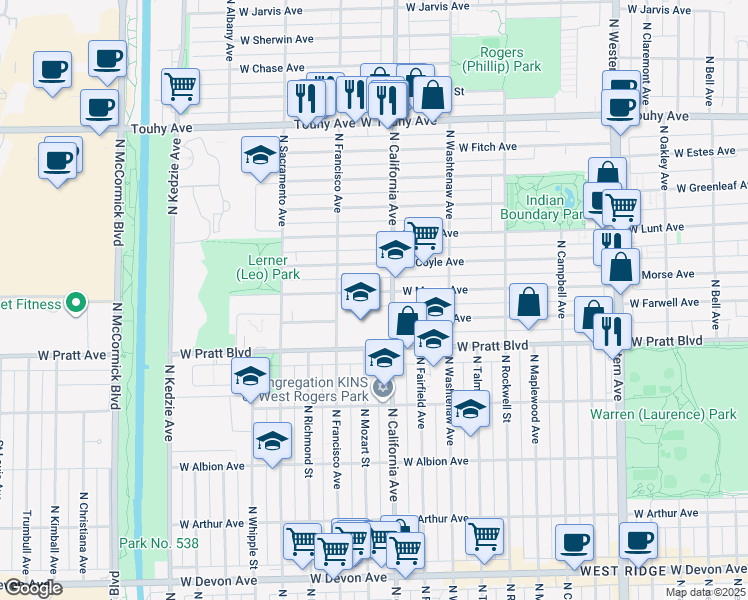map of restaurants, bars, coffee shops, grocery stores, and more near 6800 North California Avenue in Chicago