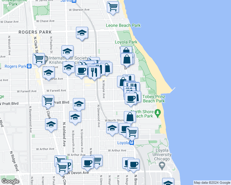 map of restaurants, bars, coffee shops, grocery stores, and more near 6827 North Lakewood Avenue in Chicago
