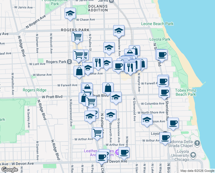 map of restaurants, bars, coffee shops, grocery stores, and more near 6834 North Ashland Boulevard in Chicago