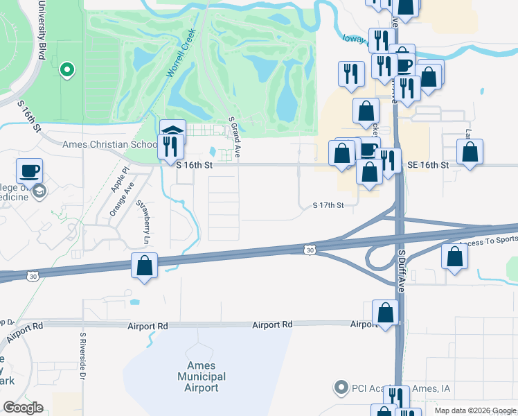 map of restaurants, bars, coffee shops, grocery stores, and more near 535 South 17th Street in Ames