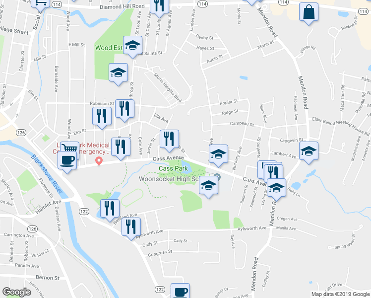 map of restaurants, bars, coffee shops, grocery stores, and more near 562 Cass Avenue in Woonsocket
