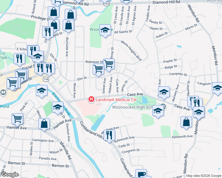 map of restaurants, bars, coffee shops, grocery stores, and more near 19 Hebert Avenue in Woonsocket