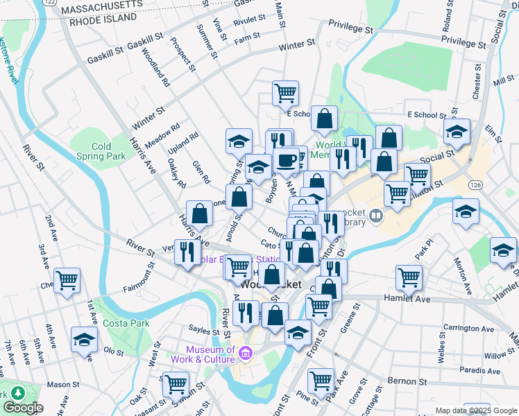 map of restaurants, bars, coffee shops, grocery stores, and more near 185 Church Street in Woonsocket