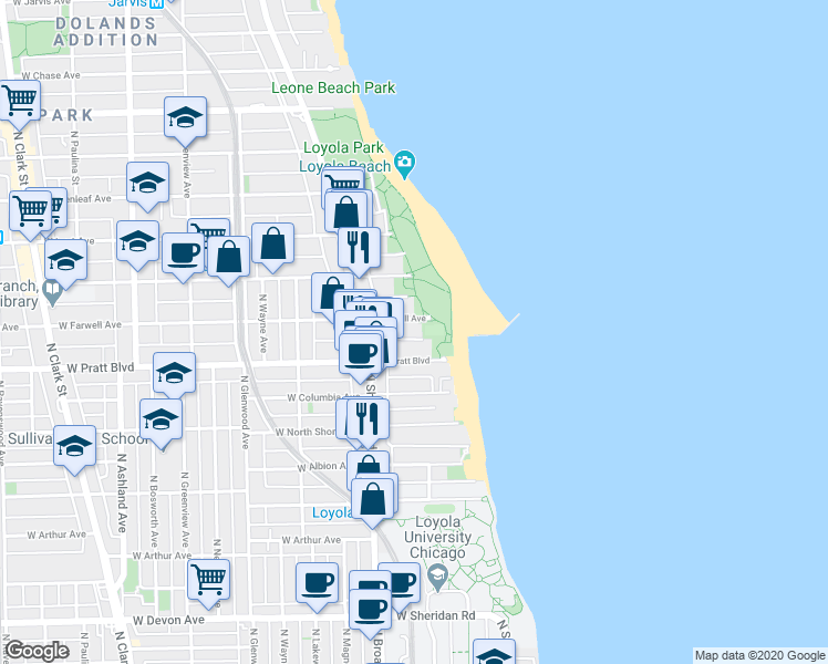 map of restaurants, bars, coffee shops, grocery stores, and more near 1094 West Pratt Boulevard in Chicago
