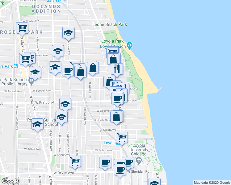 map of restaurants, bars, coffee shops, grocery stores, and more near in Chicago