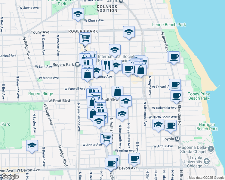 map of restaurants, bars, coffee shops, grocery stores, and more near 6818 North Ashland Avenue in Chicago