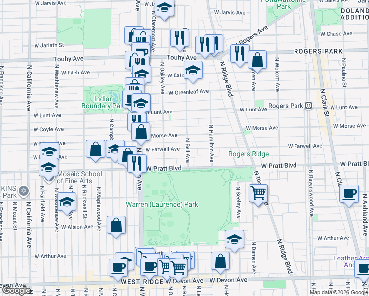 map of restaurants, bars, coffee shops, grocery stores, and more near 2139 West Farwell Avenue in Chicago