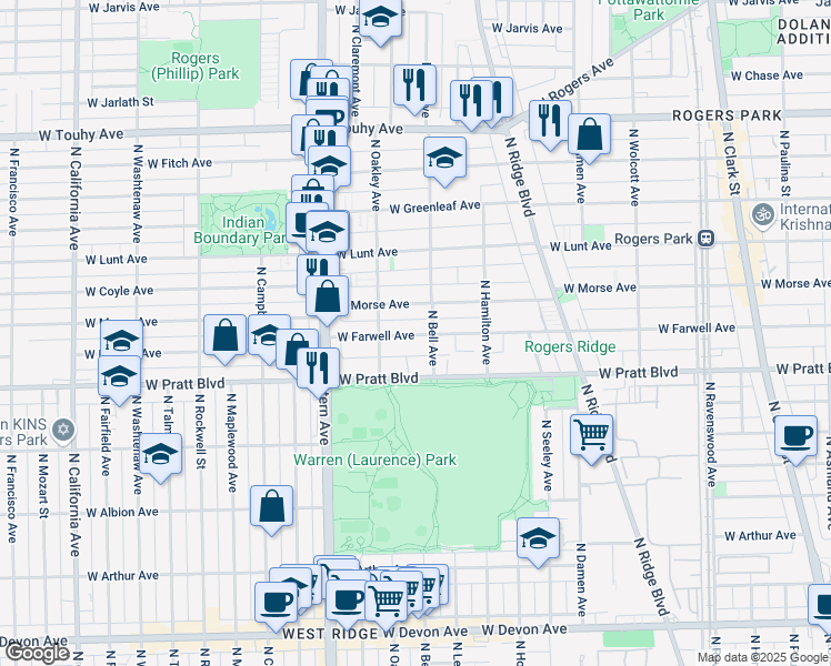 map of restaurants, bars, coffee shops, grocery stores, and more near 2223 West Farwell Avenue in Chicago