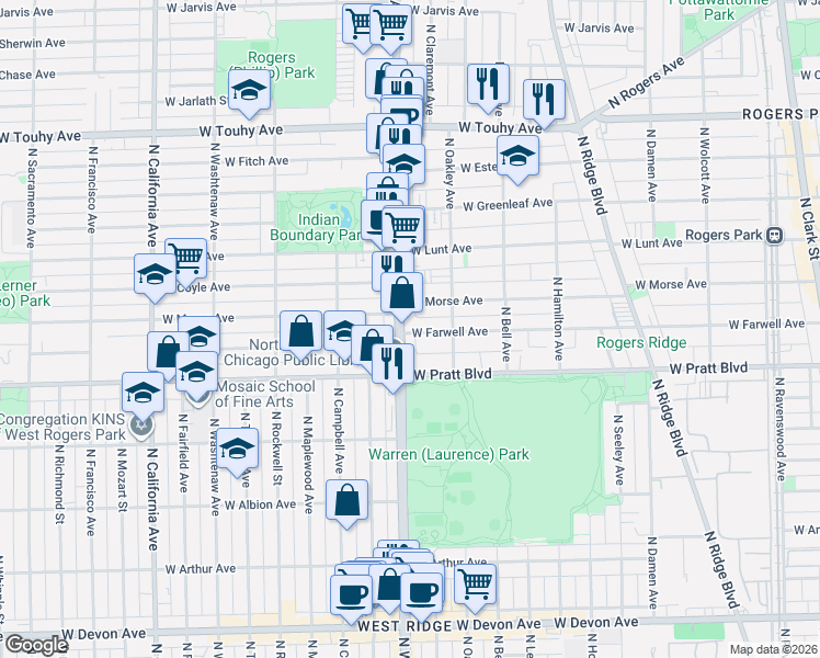 map of restaurants, bars, coffee shops, grocery stores, and more near 6834 North Western Avenue in Chicago